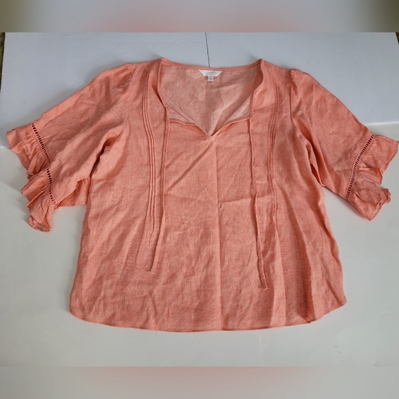 LC Lauren Conrad Tops - Lauren Conrad Salmon Colored Linen Tie Front V Neck 3/4 Sleeve Shirt